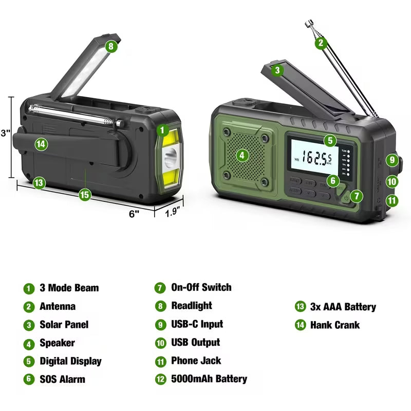 5000mAh Emergency Radio Hand Crank Weather Radio, Solar Powered Hand Crank Portable NOAA AM FM Battery Powered Radio with Flashlight Weather Alert, SOS Alert And Reading Light, Family Gift Survival Geara