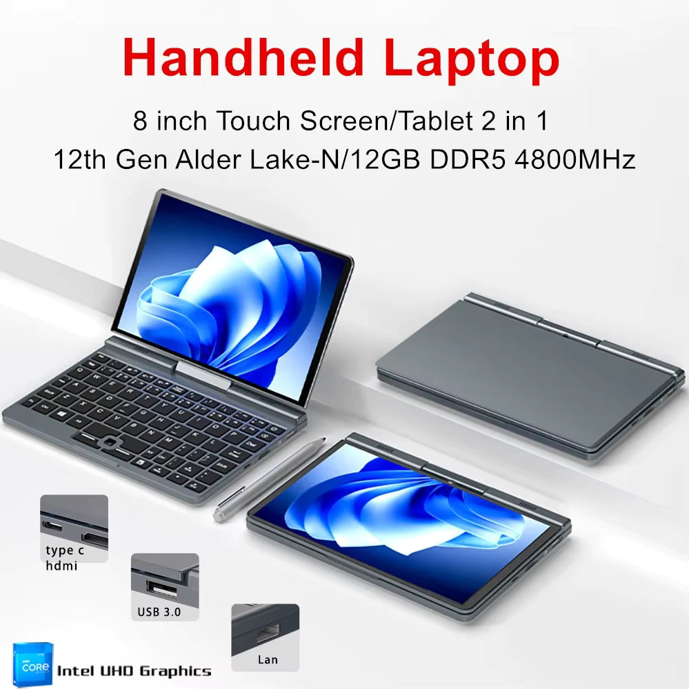 P8 12th Gen Gaming Mini Laptop Intel Alder Lake N100 4 Core 8 Inch Touch Screen 12G DDR5 Windows 11 Notebook Tablet 2 in 1 WiFi6