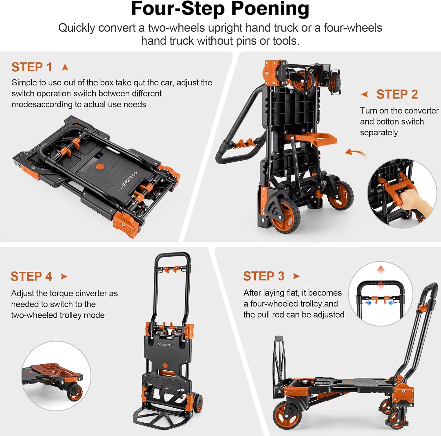 330LBS Folding Hand Truck, 4-Wheel & 2-Wheel Convertible Dolly Cart with Retractable Handle, Heavy Duty for Moving