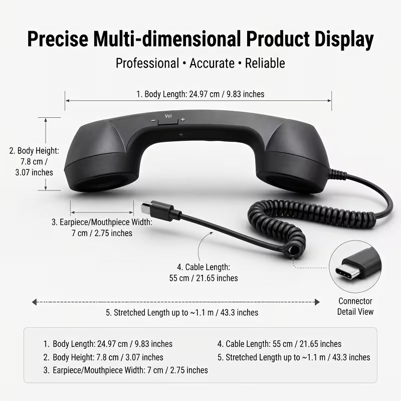 Type-C Microphone for Senior Citizens' Phones, Multi-Color Tangle-Free Cable-Simply Connect to Your Phone to Make Calls, Featuring A Volume Control Button. Retro Design with An Ergonomic External Earpiece, Making It A Stylish And Practical Gift